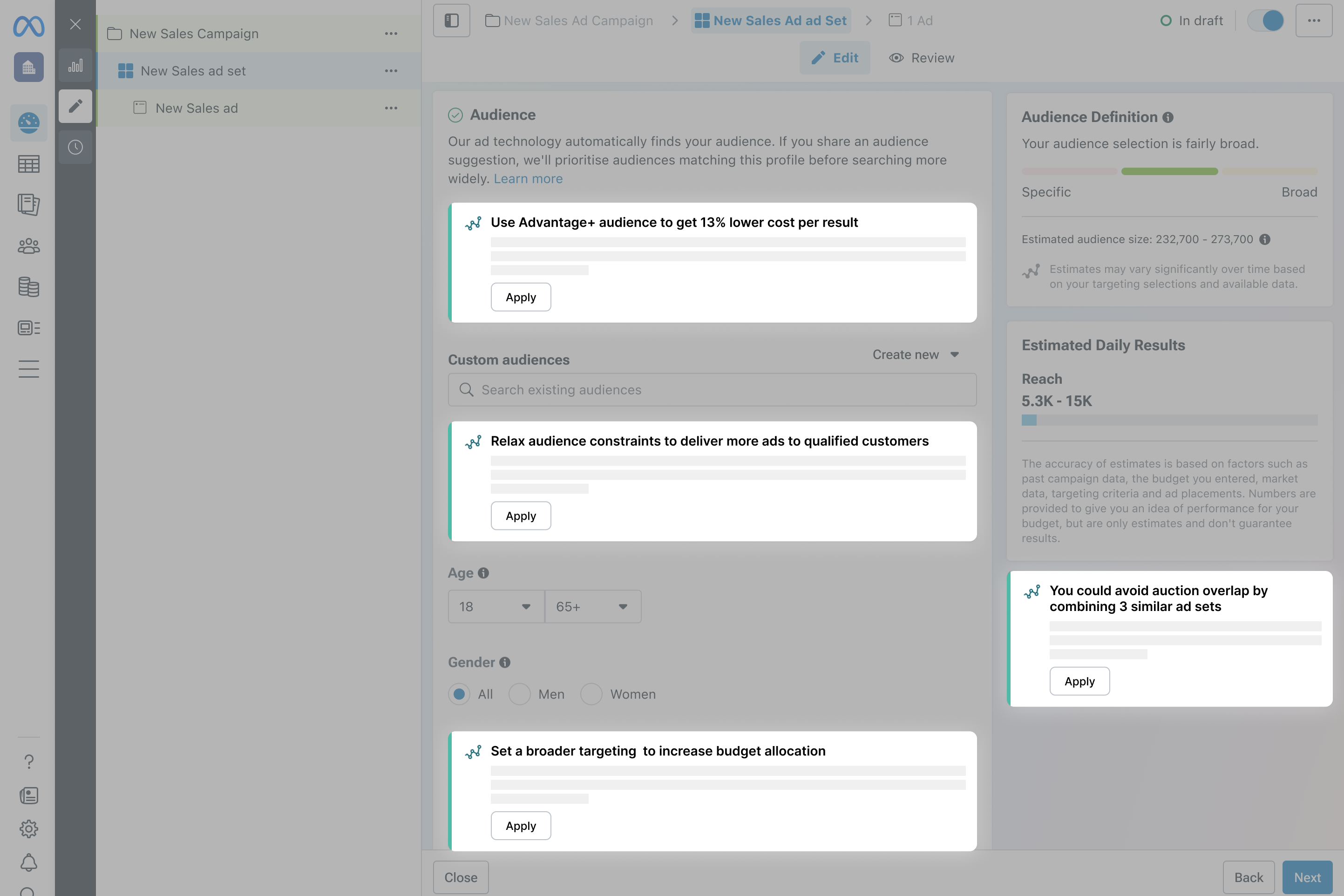 Recommendations scattered across every surface of the ad set editor
