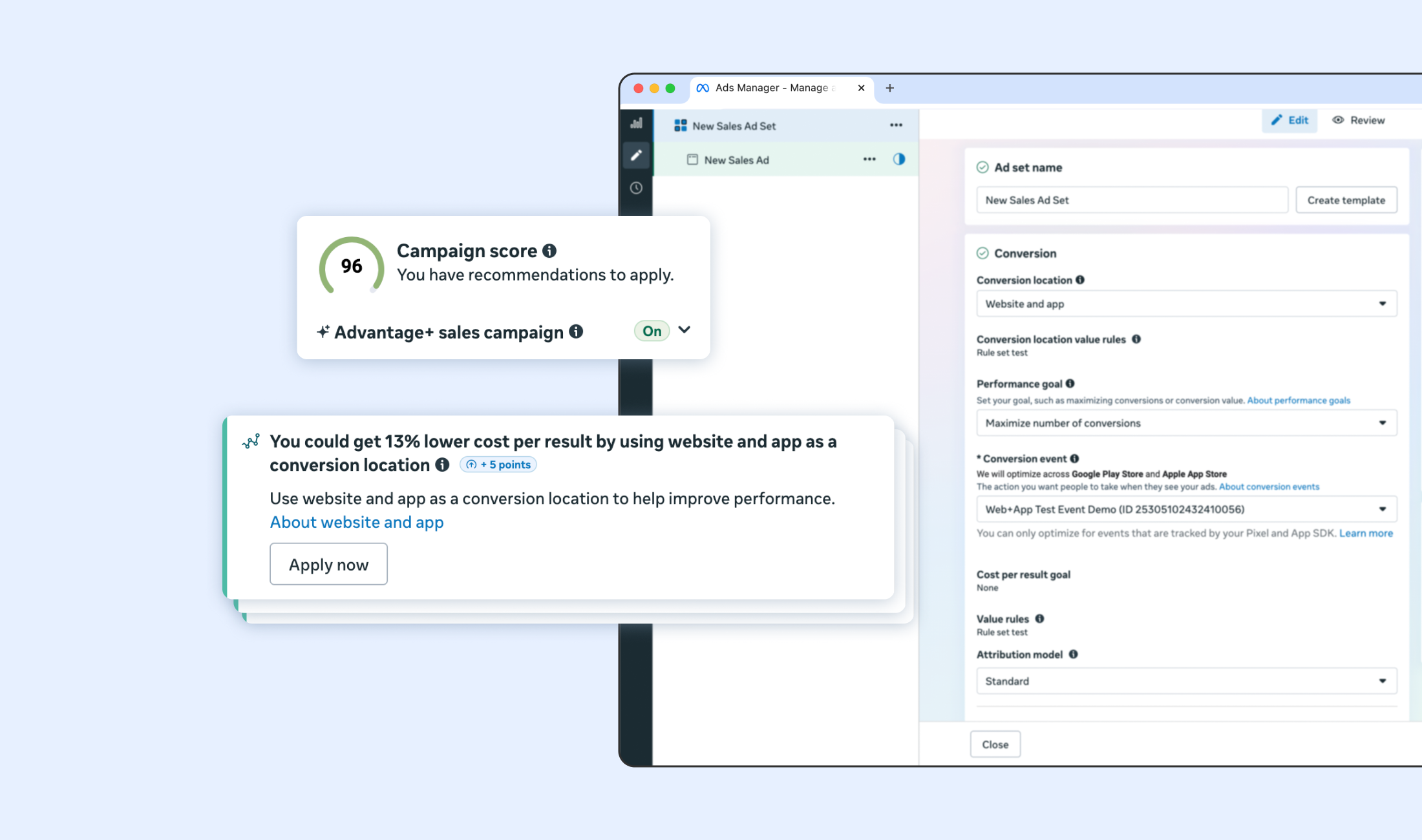 Ads Manager recommendation UI with campaign score and a recommendation card