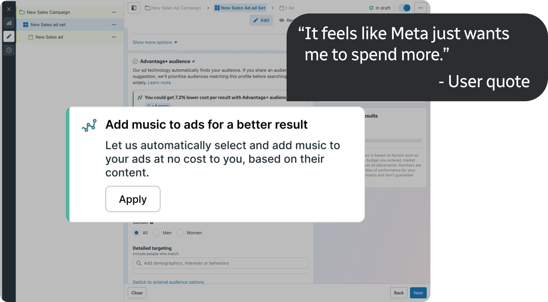 The original recommendation card in Ads Manager, with an advertiser quote: it feels like Meta just wants me to spend more